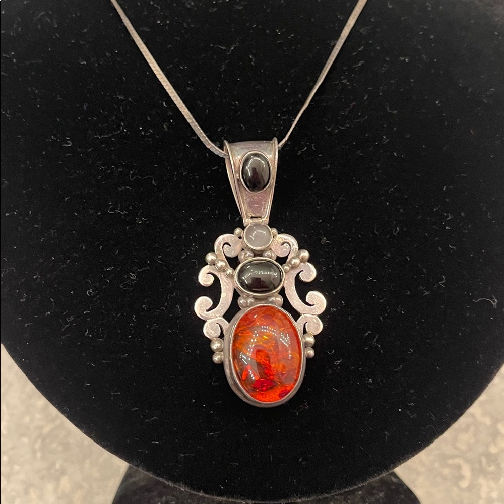 Vintage SUARTI BALI 925 Black Onyx, Amber, & Moonstone Pendant with Necklace